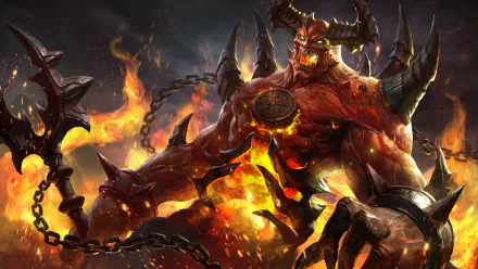 HD fantasy desktop wallpaper depicting a fiery demon with glowing eyes, sharp horns, and chains surrounded by flames in a dark, intense background.