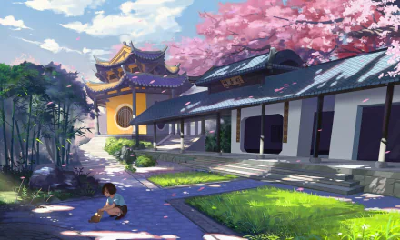 HD anime-style PC desktop wallpaper featuring a serene scene with cherry blossoms, traditional architecture, and a dog beside a child in a peaceful garden setting.