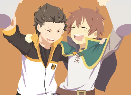 HD anime desktop wallpaper featuring Kazuma Satou from KonoSuba and Subaru Natsuki from Re:Zero in a joyful crossover moment.