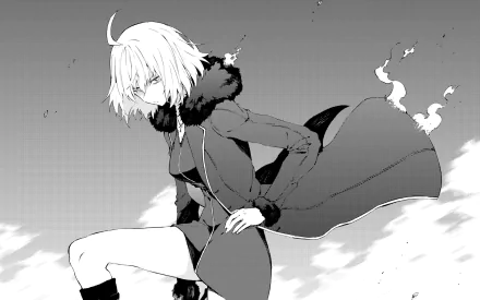 Black and white anime-style HD wallpaper featuring Jeanne d'Arc Alter with short hair in a dynamic pose from Fate/Grand Order, showcasing the Avenger class.
