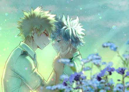 HD PC wallpaper featuring Izuku Midoriya and Katsuki Bakugou from My Hero Academia, sharing a close, emotional moment surrounded by soft green and purple tones.
