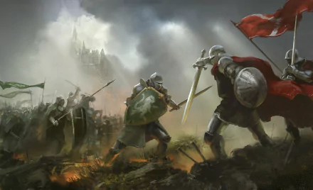 HD fantasy PC desktop wallpaper depicting a dramatic battle scene with armored knights wielding swords and shields under a stormy sky near a distant castle.