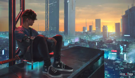 Young cyborg sits on a rooftop ledge above neon buildings and towering skyscrapers, watching a futuristic sci‑fi city at sunset — 4K Ultra HD PC desktop wallpaper and background.