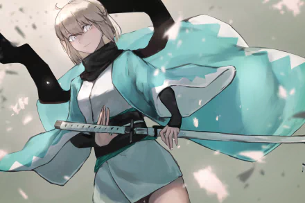 HD PC desktop wallpaper of Sakura Saber / Okita Souji from Fate/Grand Order — anime-style portrait with a mint kimono, drawn katana, wind-swept cloak and soft falling petals.