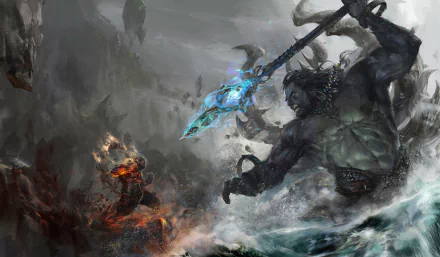 HD fantasy battle wallpaper featuring a colossal giant wielding a glowing spear, emerging from stormy waters to confront a fiery armored warrior amid a dark, chaotic battlefield.