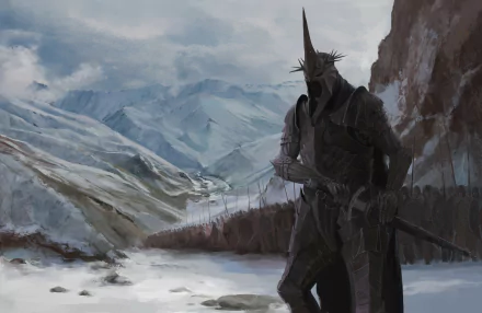 Witch-king of Angmar in dark spiked armor stands with sword in a snowy mountain pass — fantasy Lord of the Rings HD PC desktop wallpaper background.