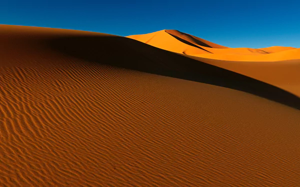 HD PC desktop wallpaper of golden sand dunes under a clear blue sky, capturing the serene beauty of desert nature and textured sand patterns.