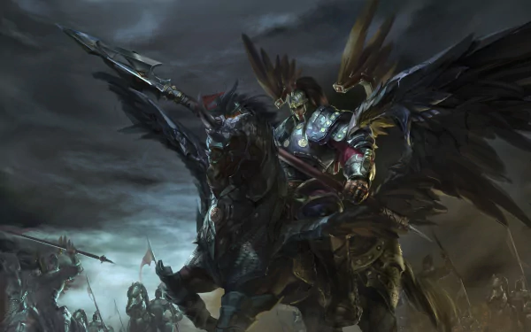 HD PC desktop wallpaper featuring Xin Zhao from the video game League of Legends, depicted riding a dark, winged steed in a dramatic, stormy battlefield scene.
