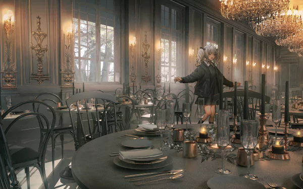 gothic table chandelier twintails grey hair Anime Original HD Desktop Wallpaper | Background Image