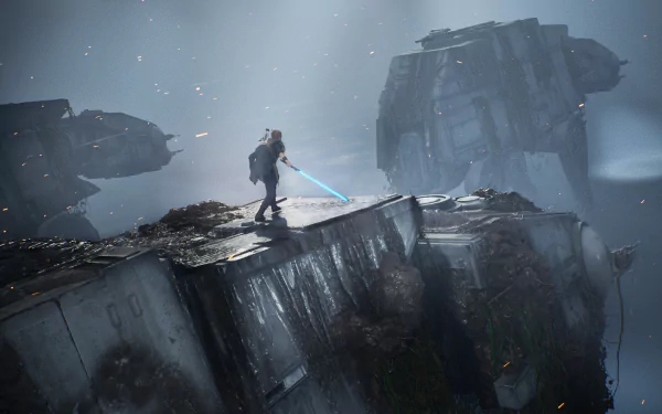 Cal Kestis wields a blue lightsaber on a ledge facing an imposing AT-AT Walker in a dark, atmospheric scene from the Star Wars Jedi: Fallen Order video game.