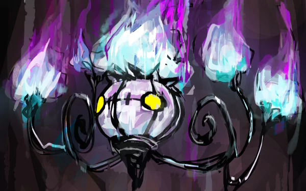 4K Ultra HD anime-style wallpaper featuring Chandelure, the ghostly Pokémon with glowing blue flames, set against a dark, eerie background.