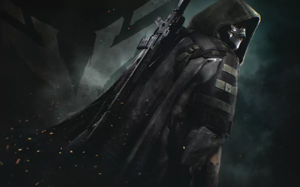 4K Ultra HD desktop wallpaper depicting a masked warrior armed with a gun from the video game Tom Clancy's Ghost Recon Breakpoint, shrouded in dark, smoky atmosphere.