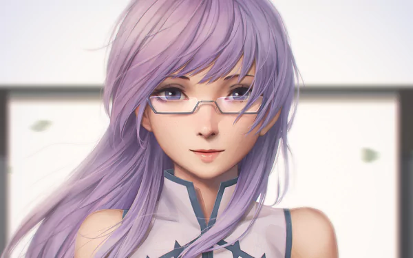 HD desktop wallpaper featuring Sheele from Akame Ga Kill! with purple hair and glasses, against a soft background.