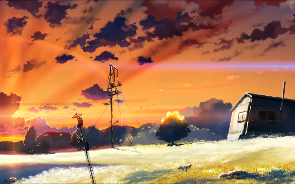 Anime scene from The Place Promised In Our Early Days featuring a vibrant sunset over a field with a small building and tall antennas, in 8K Ultra HD quality.