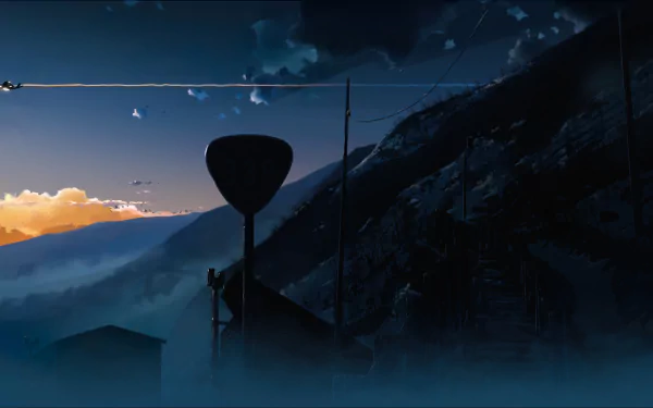 Anime scene from The Place Promised In Our Early Days featuring a misty mountain landscape at dusk, captured in 8K Ultra HD for a PC desktop background.