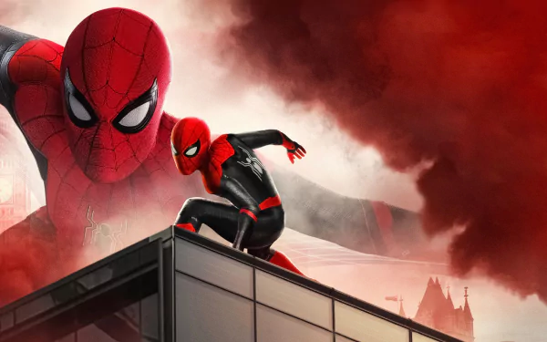 Spider-Man: Far From Home HD desktop wallpaper with Spider-Man in action, showcasing the movie logo and vibrant colors.