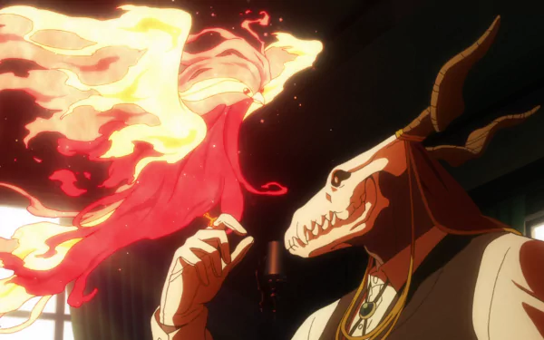 Elias Ainsworth from The Ancient Magus' Bride reaches toward a glowing phoenix with fiery wings, set against a dark background in this HD anime desktop wallpaper.