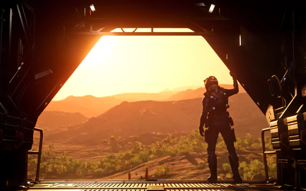 4K Ultra HD Star Citizen PC wallpaper featuring a silhouetted space explorer standing in a hangar doorway, overlooking a sunlit alien landscape at sunset.