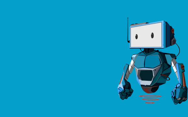 HD desktop wallpaper of an artistic blue robot by Alpha Coders, set against a solid blue background. The robot features a rectangular head with screen-like eyes and mechanical limbs.