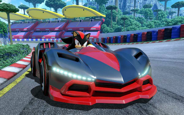 HD PC desktop wallpaper featuring Shadow the Hedgehog racing in a sleek car from the video game Team Sonic Racing on a vibrant, winding track.