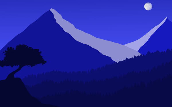 Artistic Landscape Tree Night Blue Minimalist Mountain Moon HD Wallpaper | Background Image