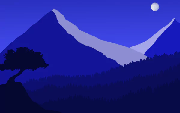 Minimalist HD desktop wallpaper depicting a blue-toned night landscape with mountain silhouettes, a full moon, and a lone tree in the foreground.