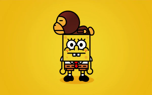 Minimalist 4K Ultra HD PC desktop wallpaper featuring a stylized SpongeBob SquarePants with a small brown character sitting on his head, set against a bright yellow background.