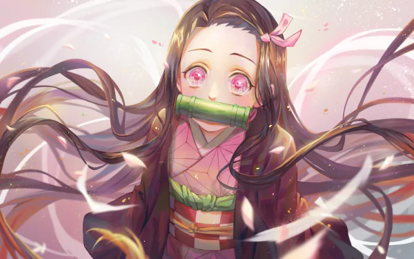 HD desktop wallpaper featuring Nezuko Kamado from the anime Demon Slayer: Kimetsu no Yaiba, with flowing hair and bright eyes, in a serene and colorful background.