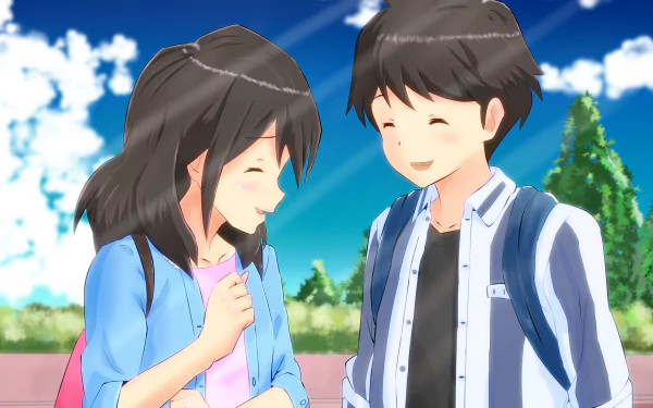 Anime HD desktop wallpaper featuring Akane Mizuno and Kotarō Azumi from Tsuki ga Kirei, smiling together under a bright blue sky with trees in the background.