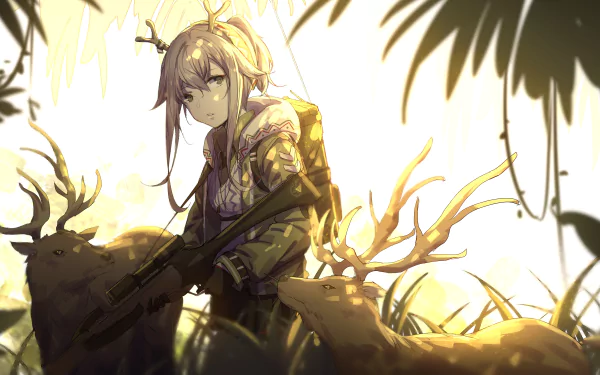 4K Ultra HD PC desktop wallpaper featuring a character from the video game Arknights, surrounded by glowing deer and bathed in warm, golden light.