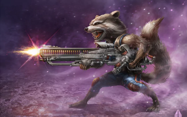 4K Ultra HD PC wallpaper: Rocket Raccoon (Guardians of the Galaxy) in comic-style art, firing a huge sci‑fi weapon against a purple cosmic background.