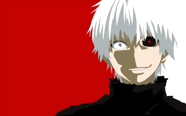 Close-up minimalist vector of Ken Kaneki with white hair and a red eye from Tokyo Ghoul √A, set against a bold red background in 4K Ultra HD desktop wallpaper style.