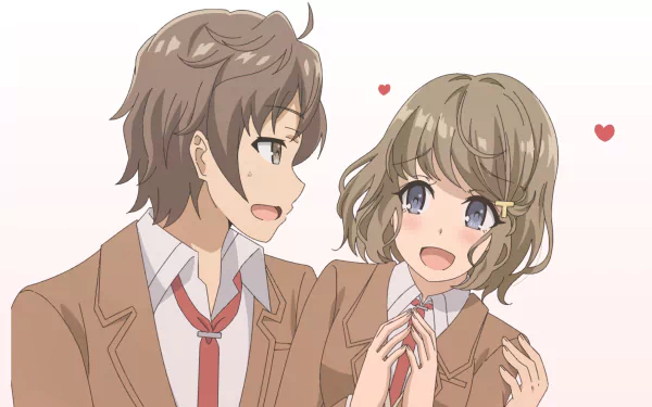 HD PC wallpaper of Sakuta Azusagawa and Tomoe Koga from Rascal Does Not Dream of Bunny Girl Senpai, smiling together in school uniforms with small hearts.
