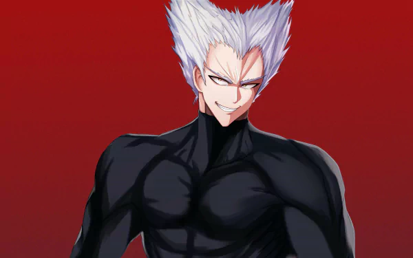 Garou (One-Punch Man) smirks in a black battle suit against a red backdrop — anime 4K Ultra HD PC desktop wallpaper/background.