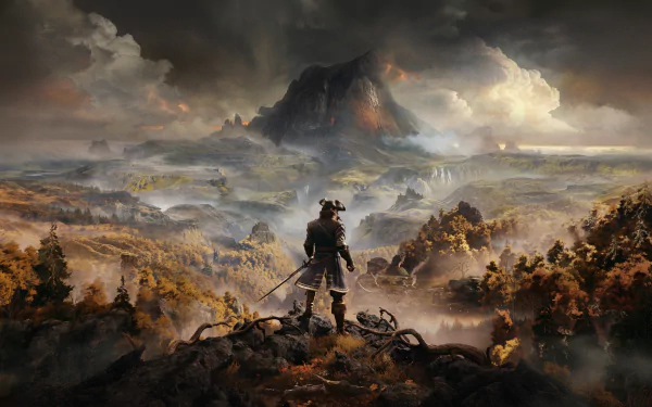 GreedFall video game 4K Ultra HD PC desktop wallpaper/background: lone explorer stands on a rocky ridge, sword drawn, surveying a misty volcanic landscape and distant settlements.