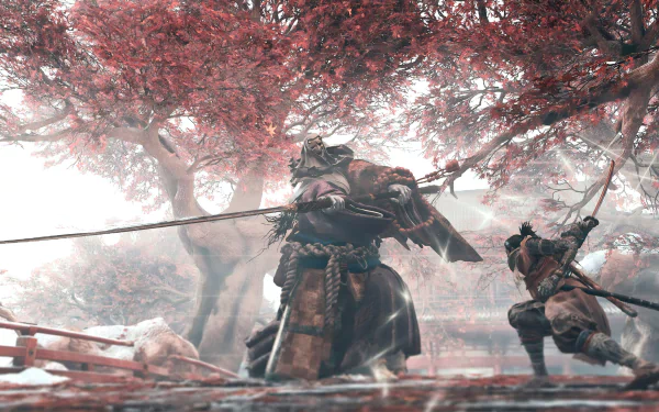 HD PC desktop wallpaper featuring a samurai battle scene from Sekiro: Shadows Die Twice, showcasing the character Sekiro wielding a sword amid vibrant red foliage.