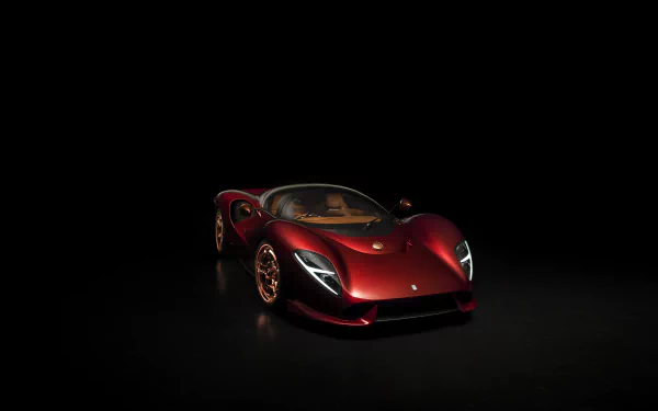 De Tomaso P72 supercar (car, vehicle) in deep red on a glossy black background — cinematic 8K Ultra HD PC desktop wallpaper showcasing sleek low-profile body, glowing headlights and reflections.