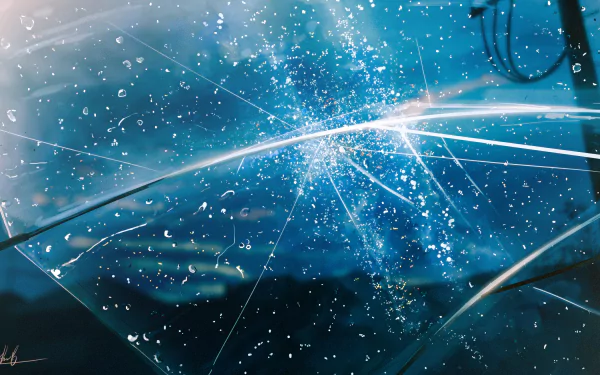 HD anime desktop wallpaper featuring a close-up of raindrops on a transparent umbrella at night, with soft blue tones capturing a serene rainy atmosphere.