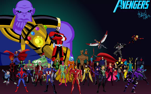 8K Ultra HD PC desktop wallpaper of TV show The Avengers: Earth's Mightiest Heroes: Thanos looming behind a full roster of colorful Avengers assembled on a dark gradient backdrop.