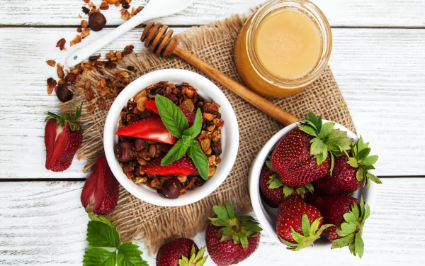still life granola honey strawberry berry food breakfast HD Desktop Wallpaper | Background Image