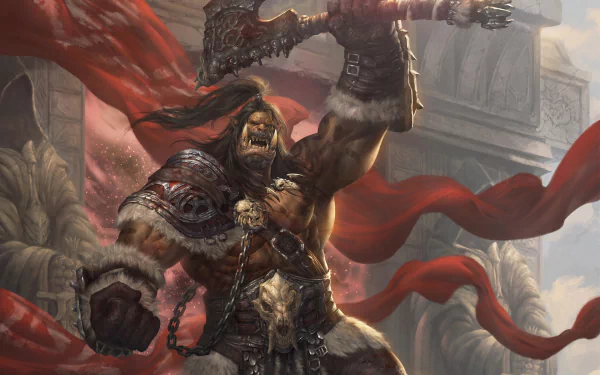 HD PC desktop wallpaper featuring Grommash Hellscream, the fierce orc warrior from the video game World of Warcraft, wielding a massive weapon amidst a dynamic battle scene.