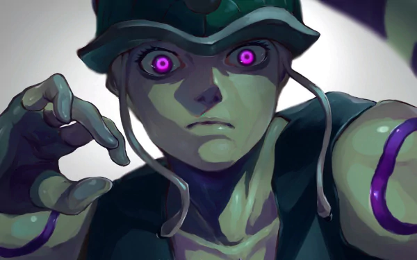 HD desktop wallpaper featuring Meruem from Hunter × Hunter anime, showcasing his intense expression with glowing purple eyes, highlighting his powerful and striking presence.