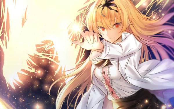 HD anime wallpaper featuring Yue from Arifureta Shokugyou de Sekai Saikyou with long blonde hair and striking orange eyes in a dynamic pose.