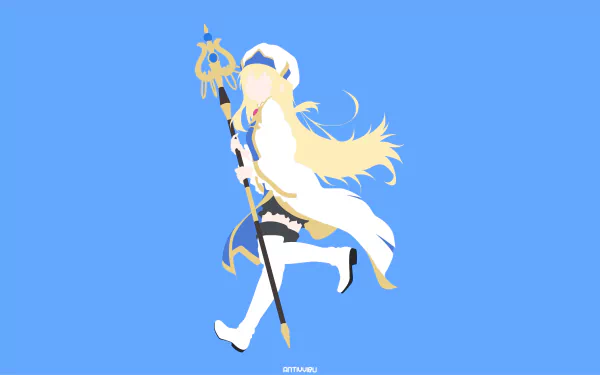 Minimalist 4K Ultra HD anime wallpaper of Priestess from Goblin Slayer, featuring her long blonde hair, white coat, thigh boots, staff, and hat on a solid blue background.