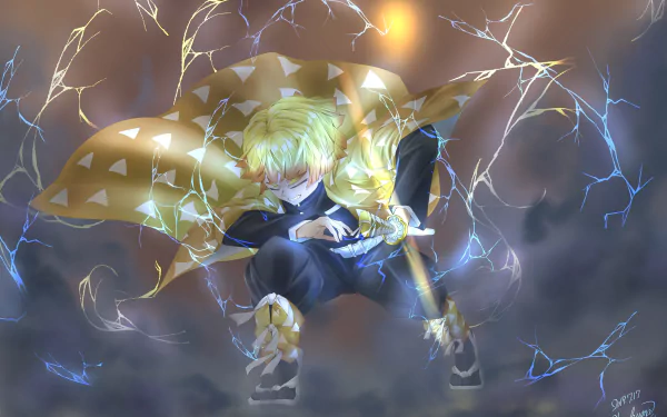 HD desktop wallpaper featuring Zenitsu Agatsuma from the anime Demon Slayer: Kimetsu no Yaiba, surrounded by lightning effects, showcasing his dynamic and intense stance.