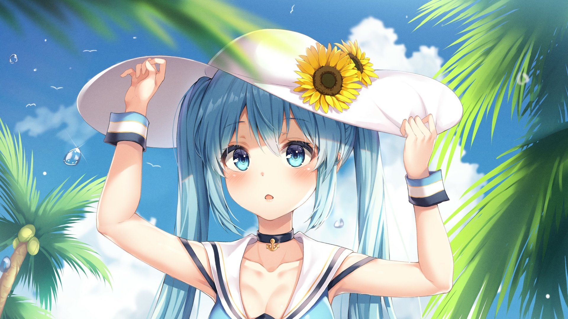 A colorful HD desktop wallpaper featuring Hatsune Miku, an anime Vocaloid character, wearing a white hat with sunflowers, set against a bright blue sky with palm leaves.