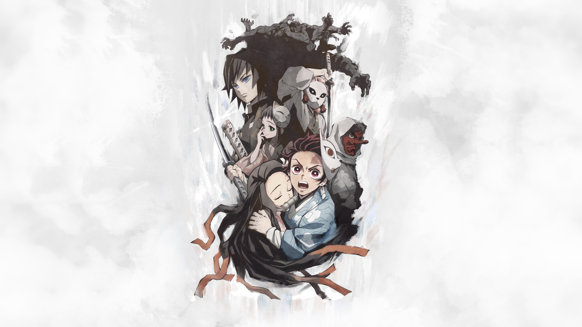 HD PC desktop wallpaper featuring Tanjiro Kamado and Nezuko Kamado from the anime Demon Slayer: Kimetsu no Yaiba in a dynamic, artistic composition.