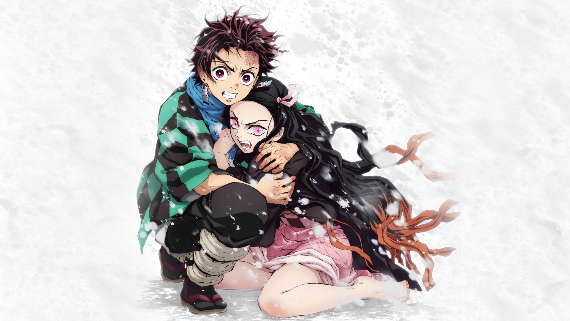 HD desktop wallpaper featuring Tanjiro Kamado and Nezuko Kamado from the anime Demon Slayer: Kimetsu no Yaiba, showcasing a dramatic and protective scene.