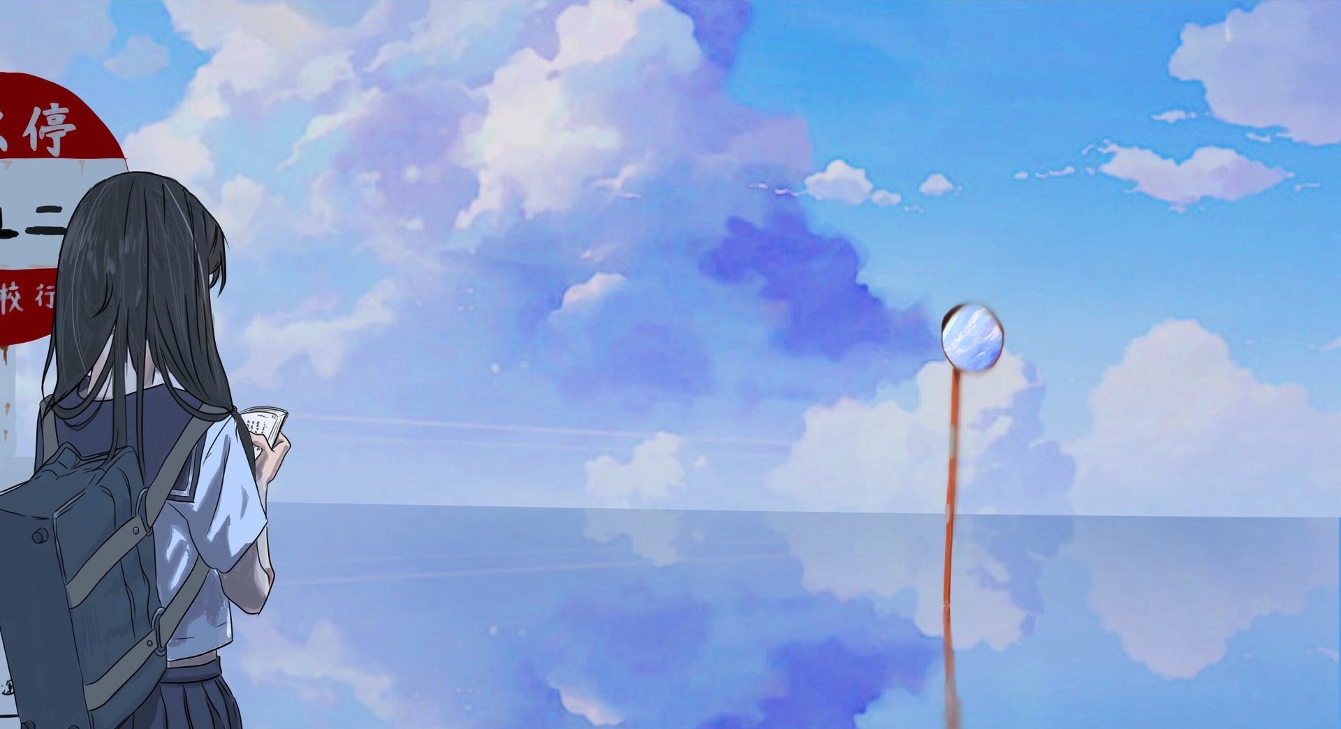 Anime original 2K Quad HD PC desktop wallpaper and background: schoolgirl with backpack gazes over a mirror-like sea under vast clouds, a lone convex mirror on a pole reflected in the water.