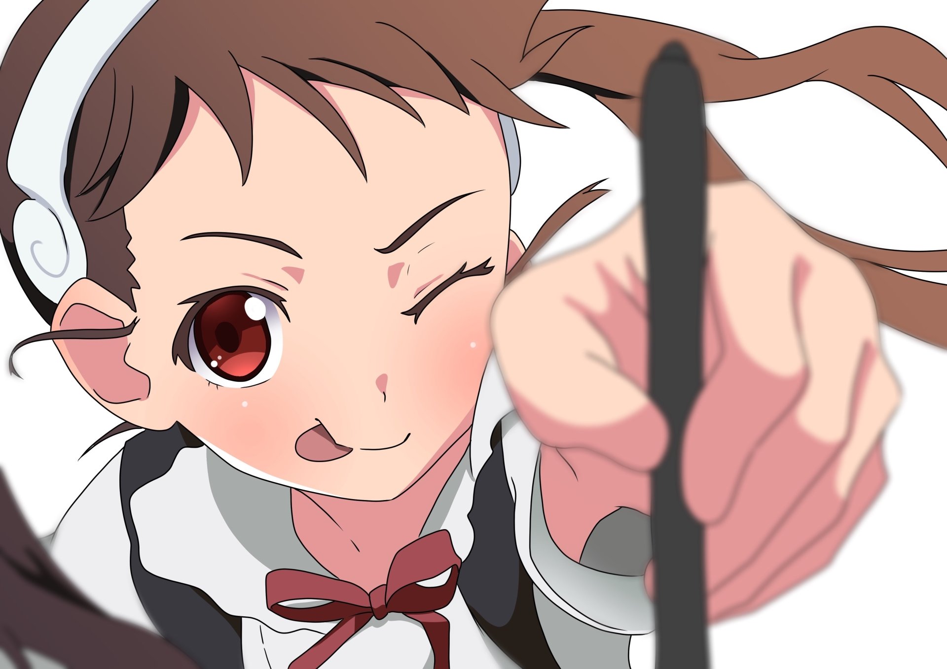 4K Ultra HD PC wallpaper of Mayoi Hachikuji (Monogatari) — cheerful anime portrait winking as she leans forward, playfully pointing a stylus toward the viewer.